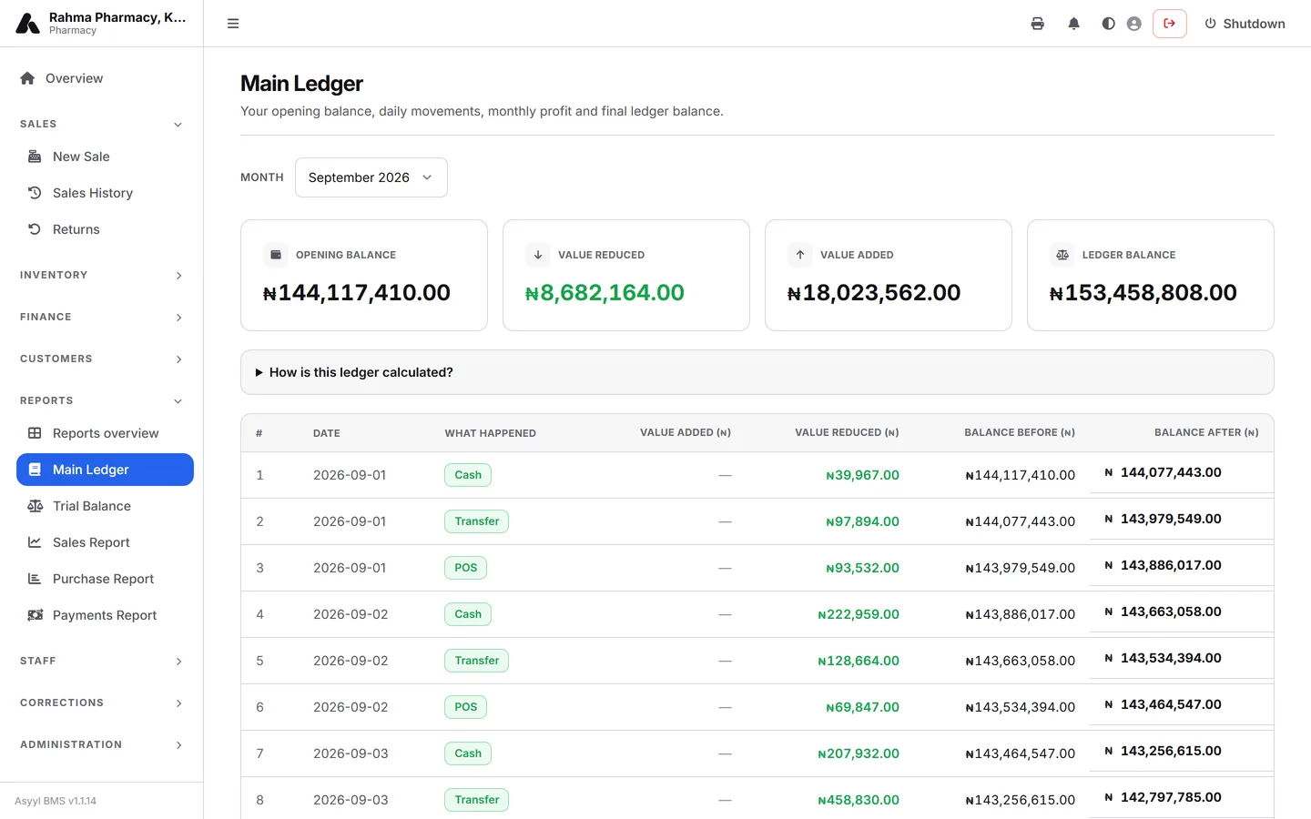 Asyyl BMS main ledger