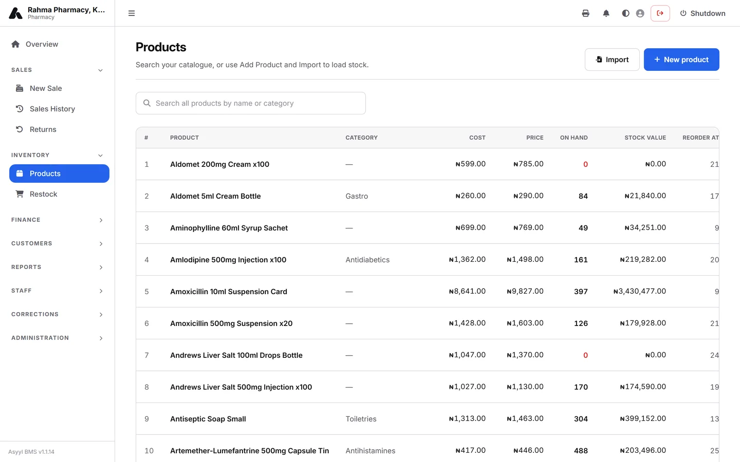 Products list with a low-stock item