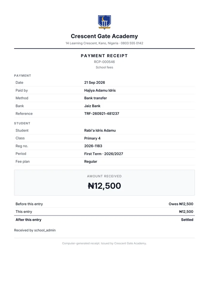 A5 school fee receipt