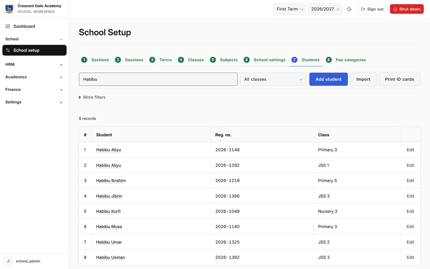 Student directory search finding Habibu in a second